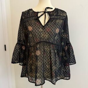 Lucky Brand Black Swiss Dot Sheer Blouse Sz Large